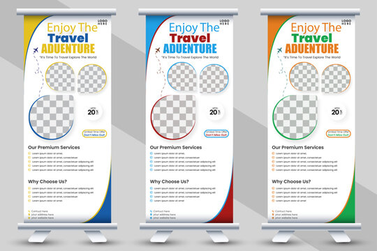 modern colour variation travel roll up banner design, promotional DL flyer or rack card design for holiday tour package, vacation deals, adventure travel, tourism services & travel agencies
