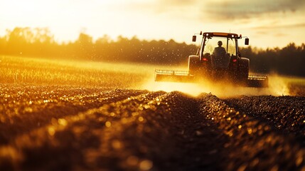 Fototapeta premium Tractor plowing field at sunset, preparing land for sowing, agriculture industry