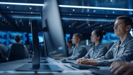 Focused analysts work together in dark control center observing digital monitors and network data, ensuring cyber security and system protection in real time - Powered by Adobe