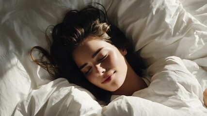 Dreamy morning scene of a beautiful woman sleeping peacefully in soft white bedding with sunlight streaming in, perfect for wellness or relaxation content - Powered by Adobe