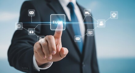 Businessman touching a digital interface with business icons