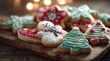 Christmas Cookies Decorated with Icing and Sprinkles on Wooden Board, Festive Baking and Holiday Treat Concept with Warm Bokeh Background