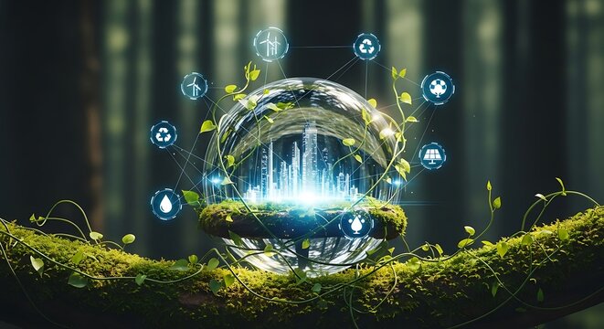Digital globe with glowing icons and plants in a forest setting - Powered by Adobe