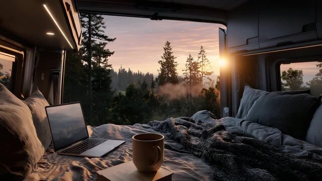 Cozy van life adventures with stunning forest views and modern comforts, perfect for remote work and nature escapes on the open road