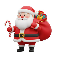 Obraz premium Cute cartoon santa claus holding candy cane and gift bag isolated on transparent background