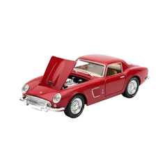 Obraz premium Elegant Red Classic Car with Open Hood Showcasing its Engine, Symbolizing Automotive Design