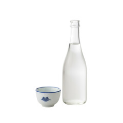 Elegant sake presentation featuring a clear bottle and traditional cup for a serene beverage experience