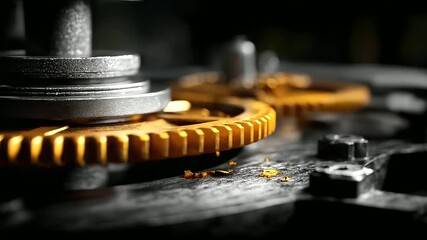 A gear clock mechanism operates with precision hyper realistic gear details with vivid textures moody shadows on the mechanism bright saturation in metallic components gear - Powered by Adobe