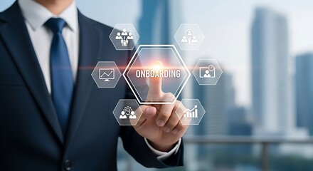 Businessman touching a digital screen with the word onboarding