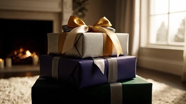 Gather around the roaring fire and let's exchange gifts! A cozy Christmas morning scene with presents, ready to be opened on this special holiday, promising warm memories