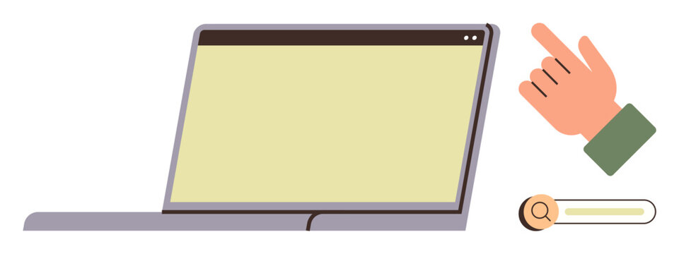 Laptop with open screen, hand pointing near search bar emphasizes online navigation, search, and usability. Ideal for technology, education, browsing, productivity, UX digital skills simple flat