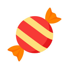 Round red and yellow striped candy with orange wrappers