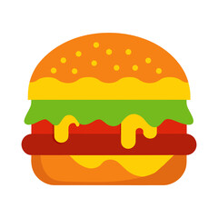 Stylized flat icon of a delicious cheeseburger with melted cheese