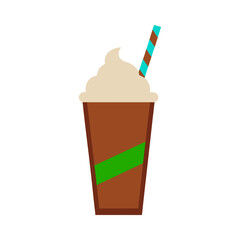 Brown iced coffee drink with whipped cream and striped straw