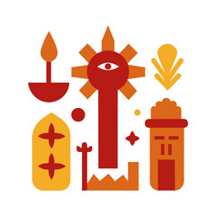 Vibrant geometric illustration of cultural symbols and architecture