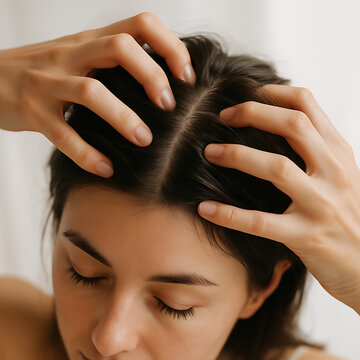 Young woman massaging her scalp with both hands in gentle daylight  