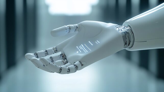 Close up of a robot hand reaching out in a futuristic setting, offering assistance - Powered by Adobe