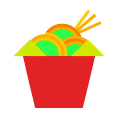 Stylized illustration of noodles in a red container with chopsticks