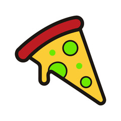 Cartoon slice of pizza with green toppings and dripping cheese