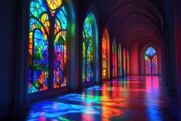 castle and temple with intricate stained glass windows casting colorful light
