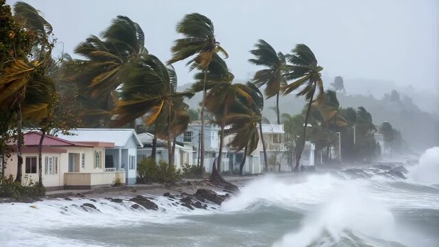 Violent storm lashes coastal homes with furious waves and wind whipping palm trees dramatically