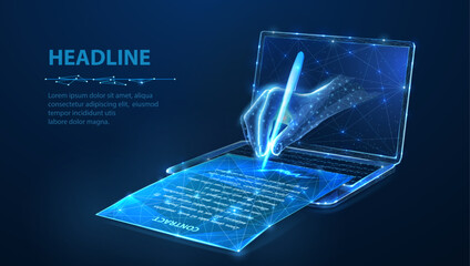 Digital hand with pan sign a document and laptop. Digital signature, E-contract, Sign document, Online approval, Virtual agreement, Report deal, Certificate application, Smart bank, technology concept