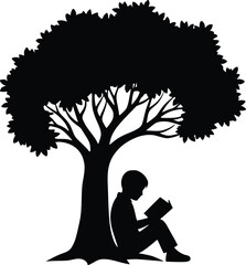 Boy reading under tree vector icon, peaceful child silhouette with book in nature