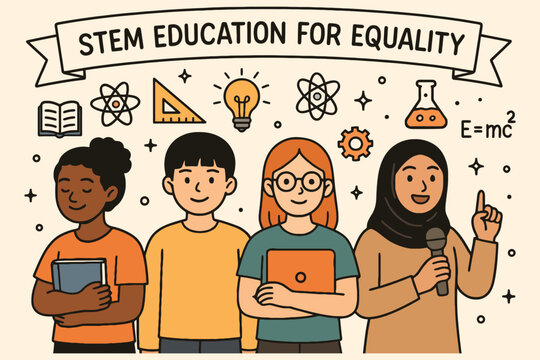Diverse group of students learning and engaging with stem subjects promoting equality and education
