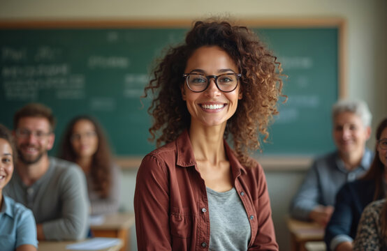 Smiling woman teacher with curly hair, glasses stands in front of diverse adult students. Engaged in class in modern university classroom. Happy people learn, grow, collaborate. Education bright