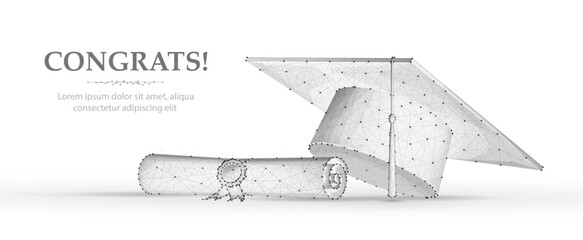 Graduation Cap with Degree on blue. Graduate student, graduation celebration, academy professor, grad school, celebrate achievement, academic reward, congratulation message, end study. Banner concept
