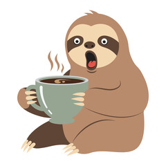 Naklejka premium Funny Flat Design Sloth Drinking Coffee with Shocked Exaggerated Face