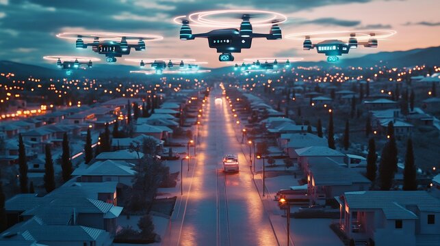 A futuristic cityscape with drones flying above a street at night with bright lights