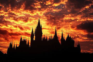 Fototapeta premium castle towers and temple spires silhouetted against a fiery sunset