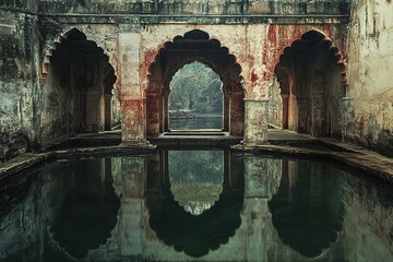 castle walls and temple arches reflected in a tranquil moat