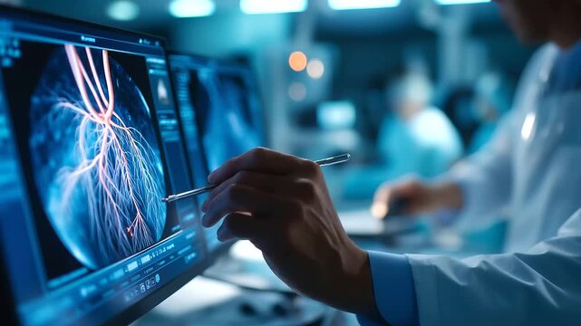 A radiologist performs a catheter based procedure with X ray visualization hyper realistic imaging screens with vivid details moody shadows in the surgical suite bright