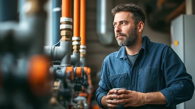 A plumber inspects a hot water boiler room with heating equipment hyper realistic pipelines with clear textures moody shadows on metal surfaces bright saturation in plumbing com