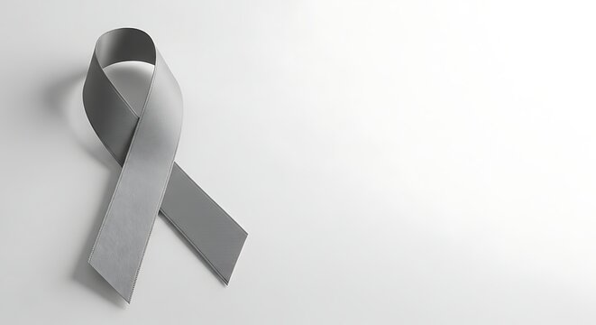 a gray ribbon symbolizing brain cancer awareness is displayed on a simple, clean, white background design