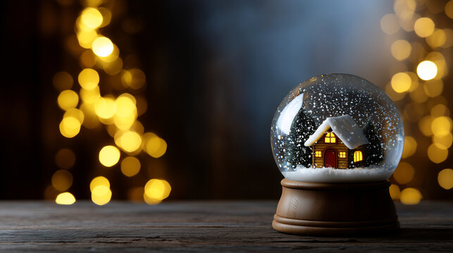 ChatGPT Ñказал:A charming Christmas snow globe featuring a cozy wooden house covered in snow, glowing warmly from within against a dreamy bokeh background of golden lights. The lit