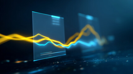 Futuristic financial chart interface floating in deep-blue ambient space, glowing neon line graphs in vibrant yellow and electric blue, subtle holographic data panels, light partic