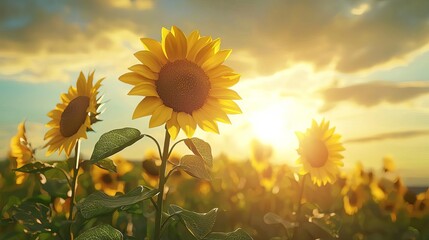 Golden hour sunflower field with warm sunlight and gentle clouds