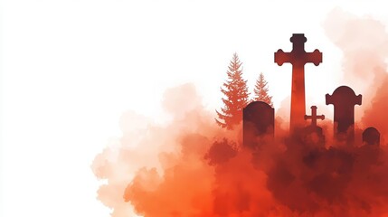 Graveyard with crosses and tombstones, abstract red smoke and pine trees