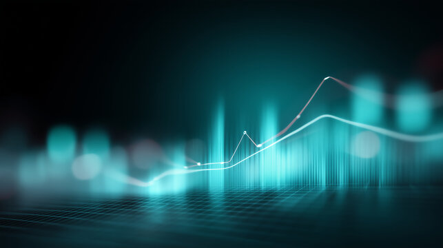 Sleek digital financial dashboard interface in cool teal and silver tones, layered with translucent line and bar graphs in vibrant aqua and neon blue, subtle glowing grid backgroun