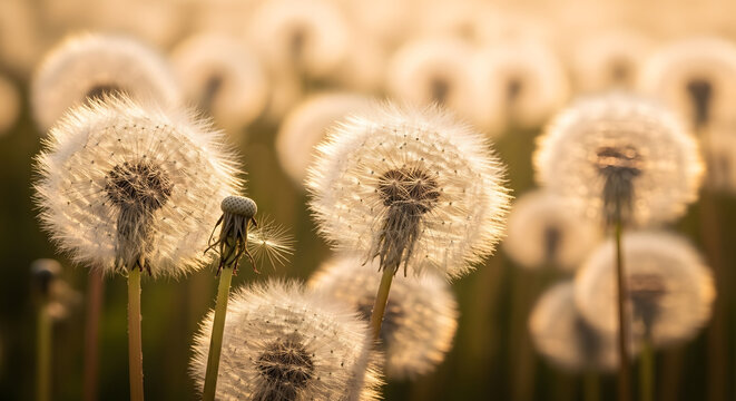 Close up of fluffy dandelion seed heads with soft warm sunlight and transparent background