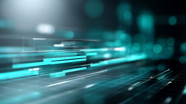 Sleek digital financial dashboard interface in cool teal and silver tones, layered with translucent line and bar graphs in vibrant aqua and neon blue, subtle glowing grid backgroun