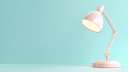 Pink desk lamp illuminates modern teal workspace with copy space