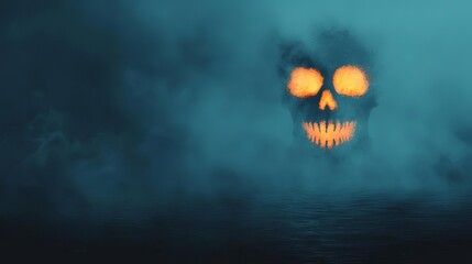 Scary skull with glowing orange eyes and teeth emerges from spooky fog over dark water.