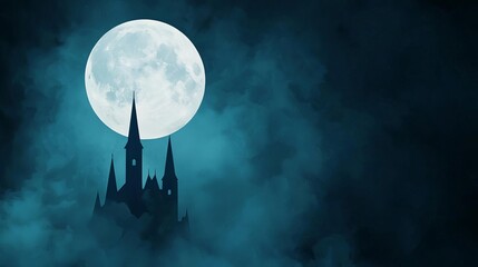 Spooky castle silhouette under a large full moon at night