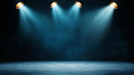 Spotlights illuminating a dark stage with starry background and concrete floor.