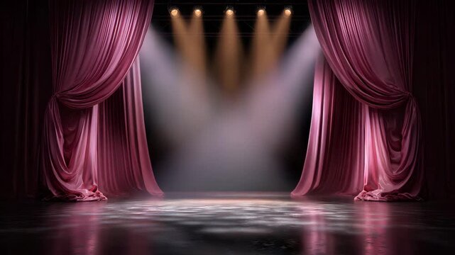 Elegant pink stage curtains part to reveal spotlighted empty performance space with dramatic lighting, ready for showtime.