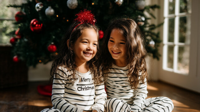 A heartwarming Christmas moment featuring two little sisters dressed in matching festive pajamas with black-and-white striped pants and "Merry Christmas" tops. Sitting beside a bea